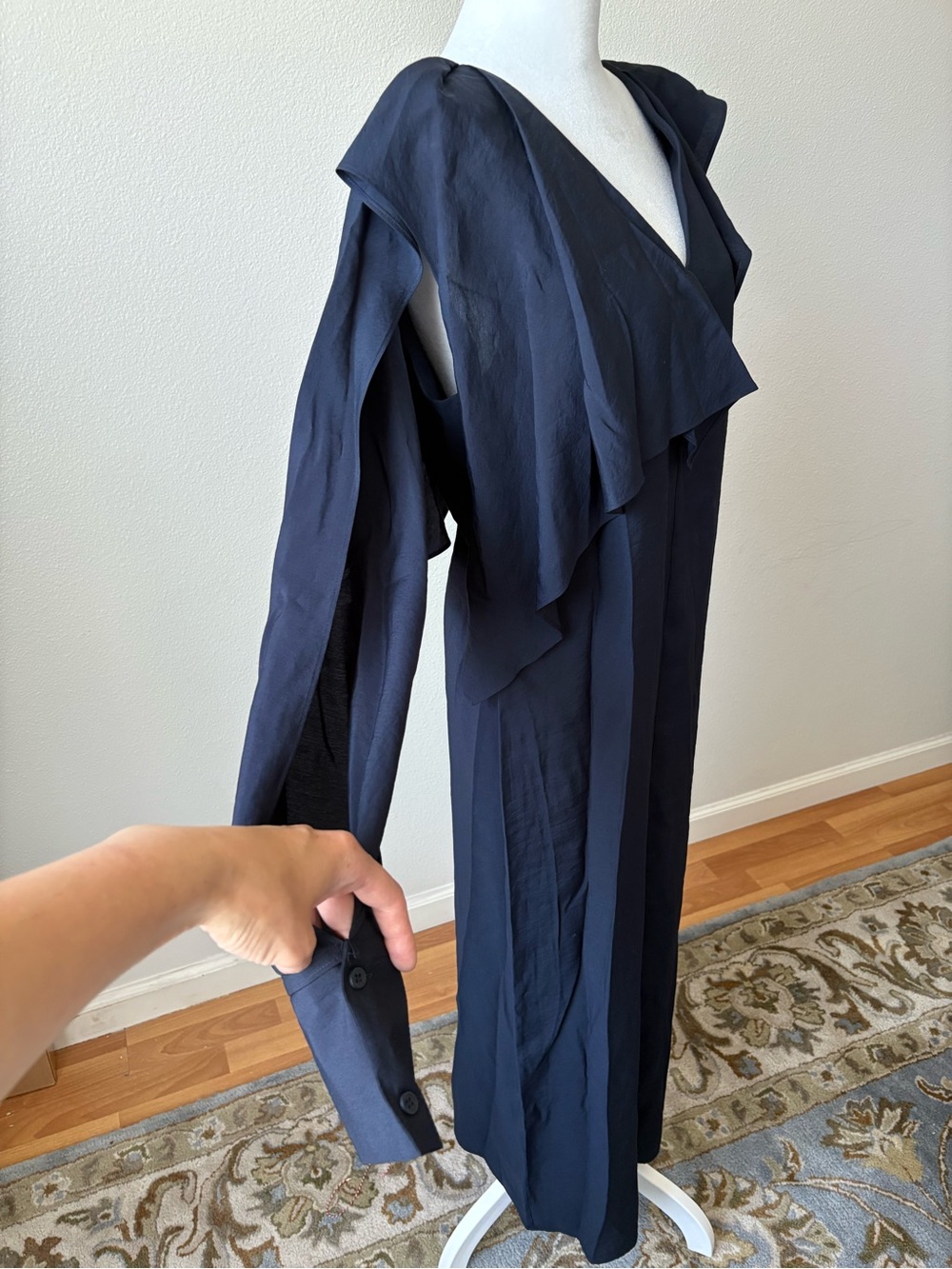 COS Navy Blue Asymmetrical Maxi Dress with Draped Shoulder 8 US - Picture 8 of 11